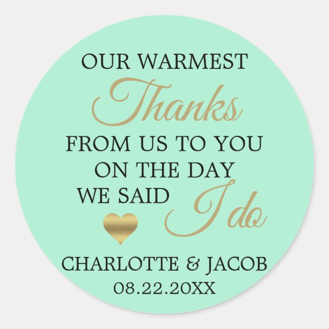 GOLD Neo MINT Wedding Herz herzlich Vielen Dank Runder Aufkleber (Vorderseite)