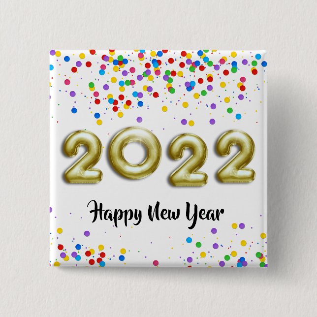 Gold New Year 2022 Balloons farbenfrohe Confetti Button (Vorderseite)