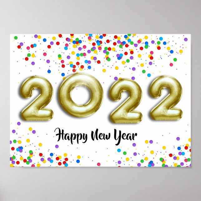 Gold New Year 2022 Balloons farbenfrohe Confetti Poster (Vorne)