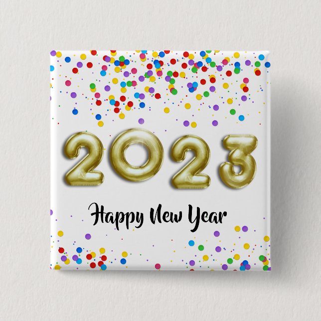 Gold New Year 2023 Balloons farbenfrohe Confetti Button (Vorderseite)