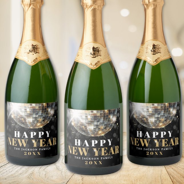 Gold New Year's Party (Black Gold New Year's Eve Party Sparkling Wine Label )