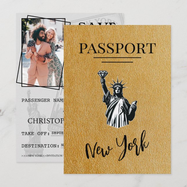 Gold New York City Passport Save the Date (Vorne/Hinten)
