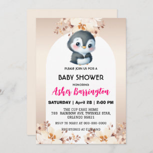 Gold Niedliche Pinguin Kirschblüten Baby Dusche Ki Einladung