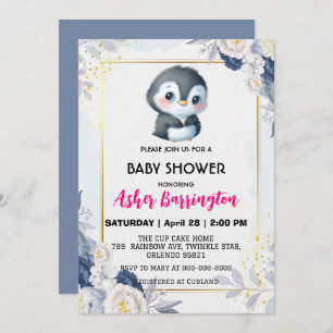 Gold Niedlicher Pinguin Blue Blume Babydusche Kind Einladung