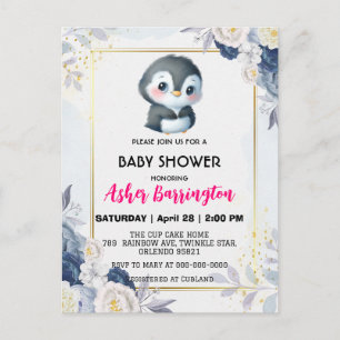 Gold Niedlicher Pinguin Blue Blume Babydusche Kind Postkarte