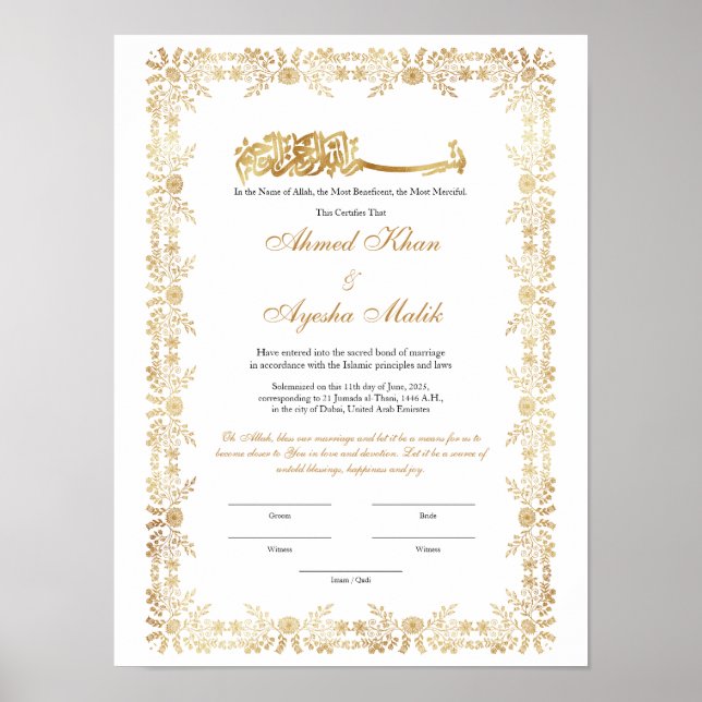 Gold Nikkah Certificate for Muslim Islamic Wedding Poster (Vorne)