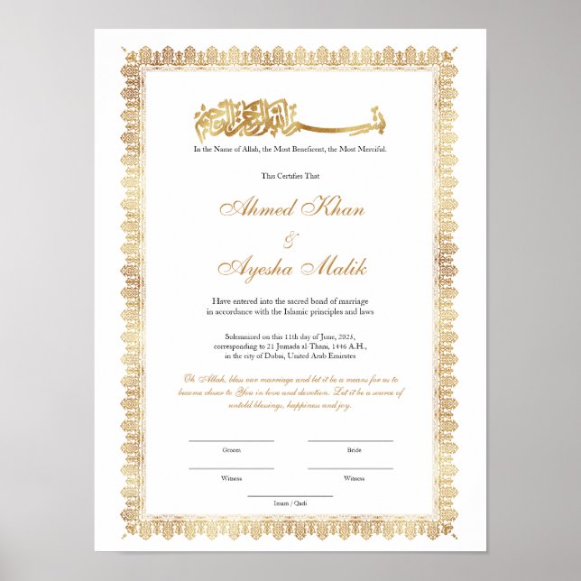 Gold Nikkah Certificate for Muslim Islamic Wedding Poster (Vorne)