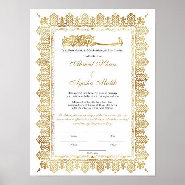 Gold Nikkah Certificate for Muslim Islamic Wedding Poster (Vorne)