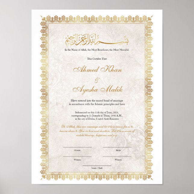 Gold Nikkah Certificate for Muslim Islamic Wedding Poster (Vorne)