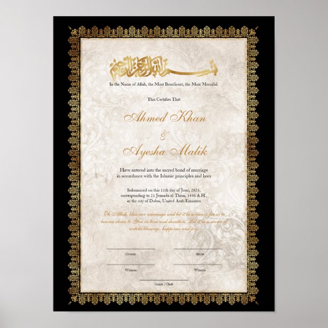 Gold Nikkah Certificate for Muslim Islamic Wedding Poster (Vorne)