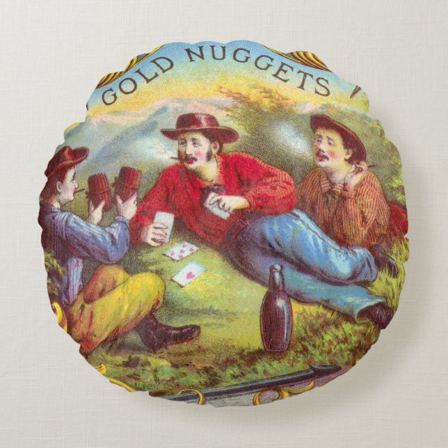 Gold Nuggets Antique Cigar Label Rundes Kissen (Vorderseite)
