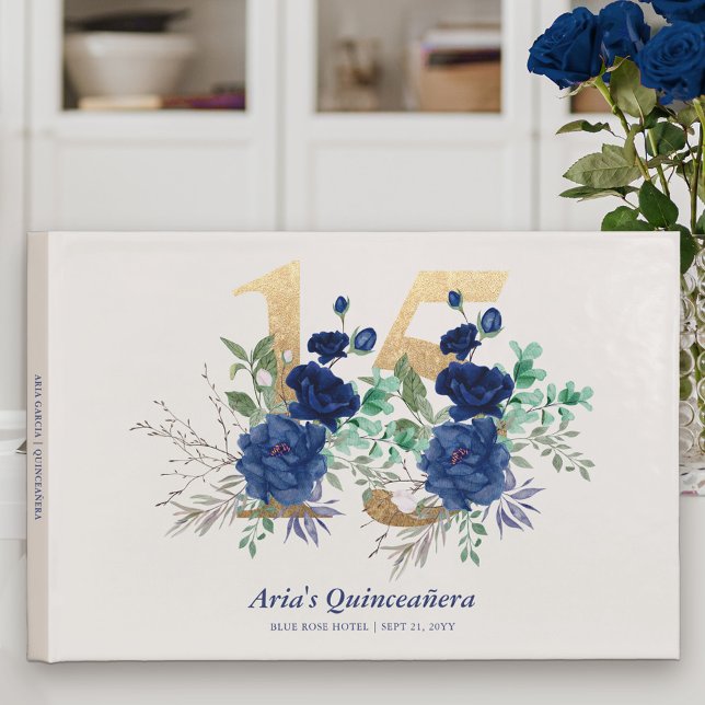 Gold Nummer 15 und Royal Rose in Blue Quinceanera Gästebuch (Elegant Floral Number 15 Birthday Guest Book from my Royal Rose Quinceanera Collection)