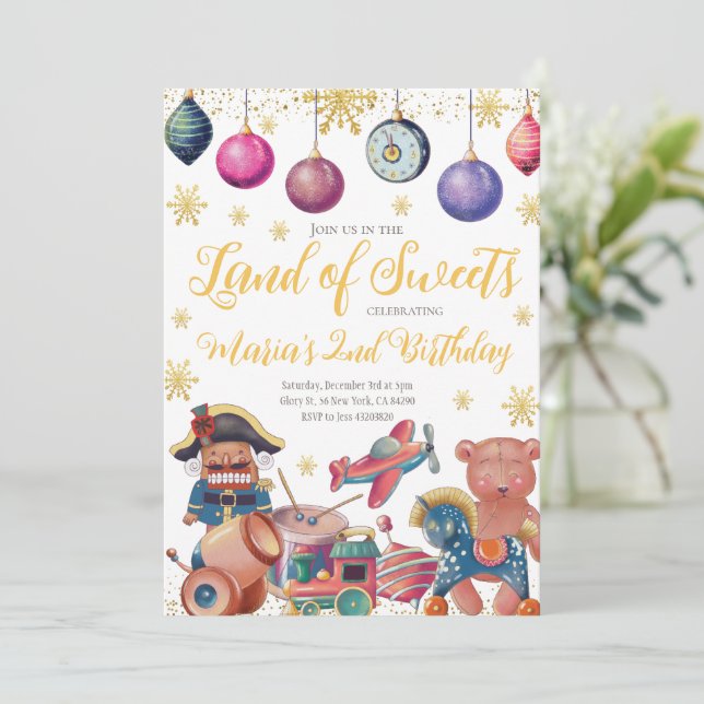 Gold Nutcracker Toys Einladung zum Geburtstag (Stehend Vorderseite)