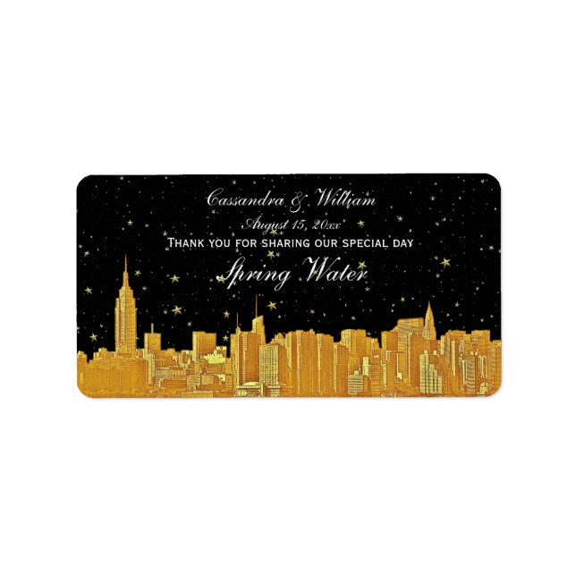 Gold NYC Etted Skyline Water Bottle Label Adressaufkleber (Vorne)