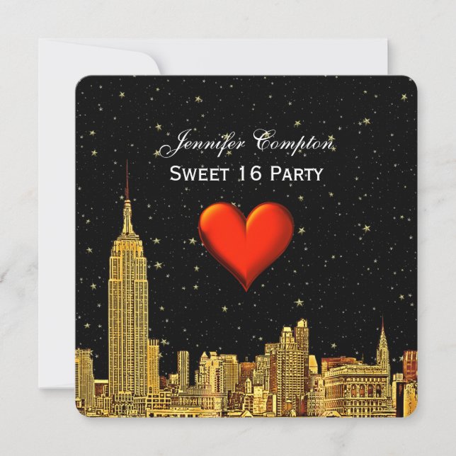 Gold NYC Skyline 01 Etched Heart Stars SQ Sweet 16 Einladung (Vorderseite)