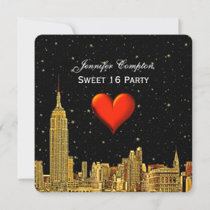 Gold NYC Skyline 01 Etched Heart Stars SQ Sweet 16 Einladung