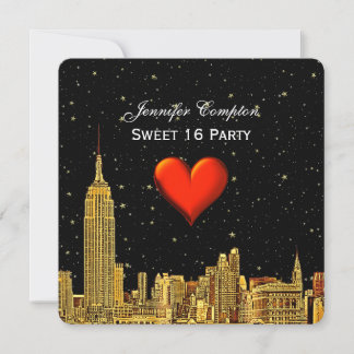 Gold NYC Skyline 01 Etched Heart Stars SQ Sweet 16 Einladung