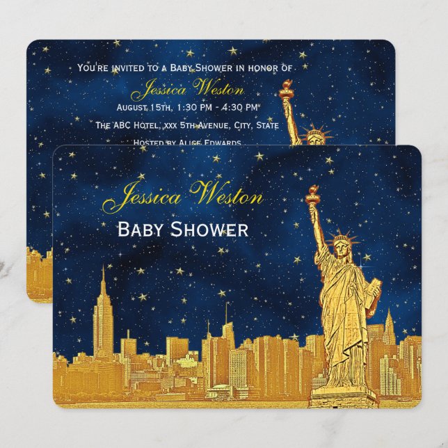Gold NYC Skyline #2 Blue Starry H Baby Shower Einladung (Vorne/Hinten)