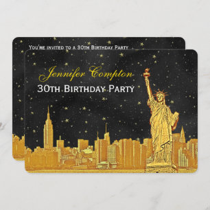 Gold NYC Skyline #2 Etch Blk Starry BG H Birthday Einladung