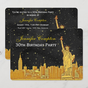 Gold NYC Skyline #2 Etch Blk Starry BG H Geburtsta Einladung