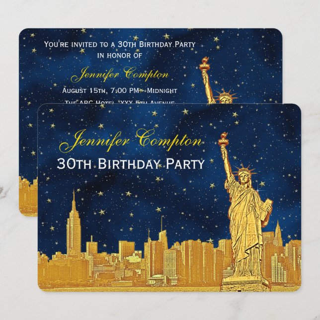 Gold NYC Skyline #2 Etch Blue Starry BG H Birthday Einladung (Vorne/Hinten)