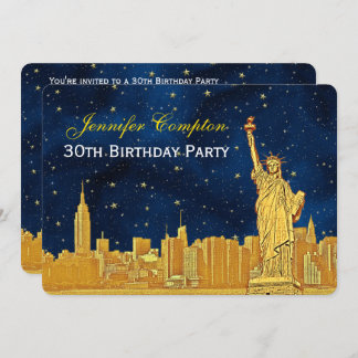 Gold NYC Skyline #2 Etch Blue Starry BG H Birthday Einladung
