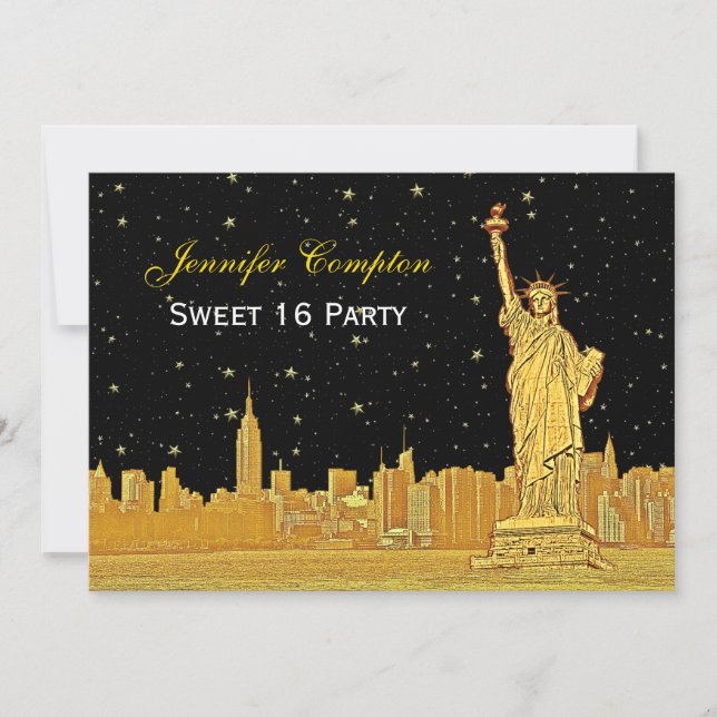 Gold NYC Skyline #2 Etch Starry DIY BG H Sweet 16 Einladung (Vorderseite)