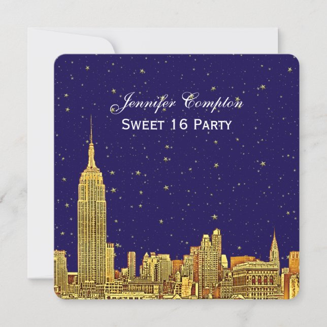 Gold NYC Skyline Etch Blue Starry Sky SQ Sweet 16 Einladung (Vorderseite)