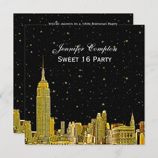 Gold NYC Skyline Etched Starry DIY BG SQ Sweet 16 Einladung (Vorne/Hinten)