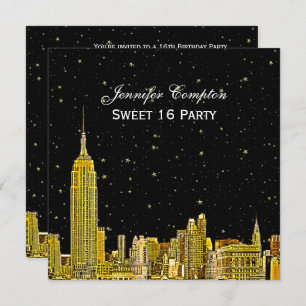 Gold NYC Skyline Etched Starry DIY BG SQ Sweet 16 Einladung