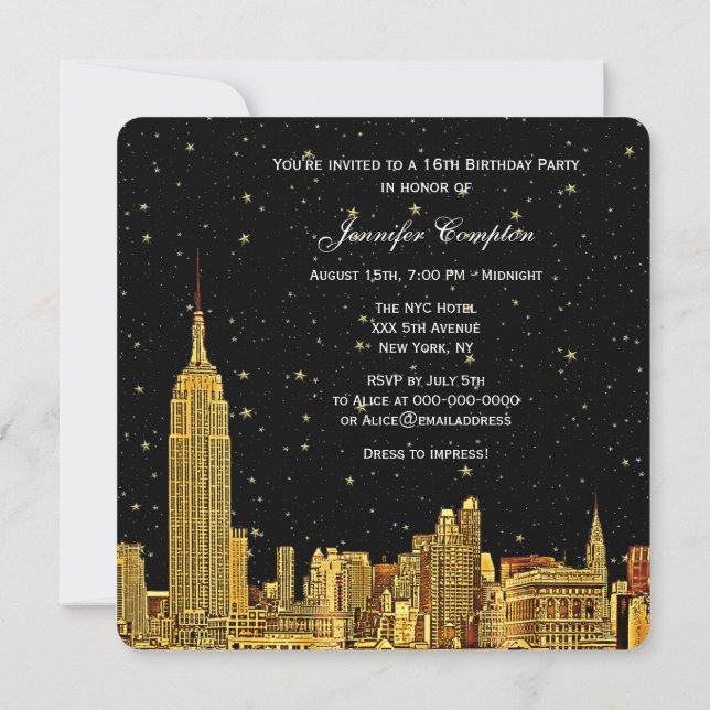Gold NYC Skyline Etched Starry Sky SQ Sweet 16 Einladung (Rückseite)
