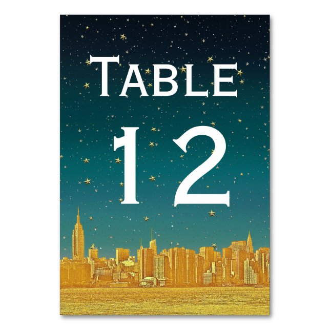Gold NYC Wide Skyline Etch Dusk Starry DIY BG Tischnummer (Rückseite)