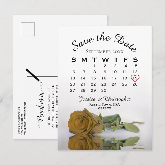 Gold Ochre Rose Hochzeitskalender Save the Date Ankündigungspostkarte (Vorne/Hinten)