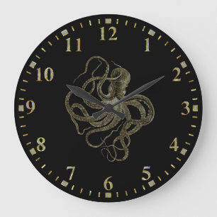 Gold Octopus on Black Große Wanduhr