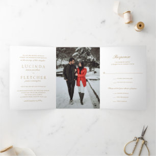 Gold Old Money Foto Elegante Hochzeit Dreifach Gefaltete Einladung