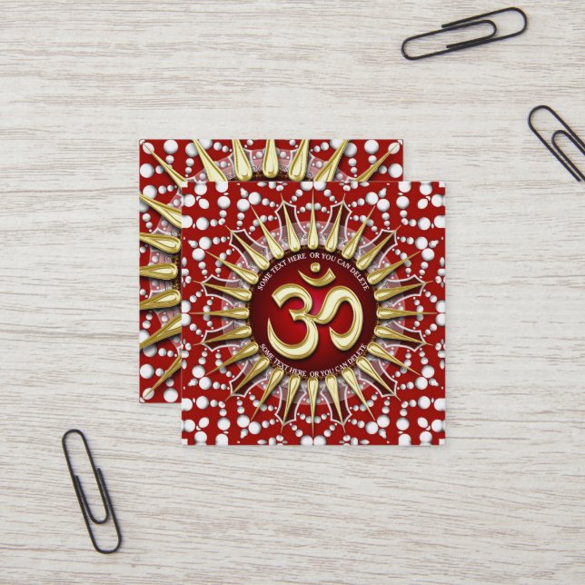 Gold OM Holistic Red White Mandala Square Quadratische Visitenkarte (Vorderseite/Rückseite Beispiel)