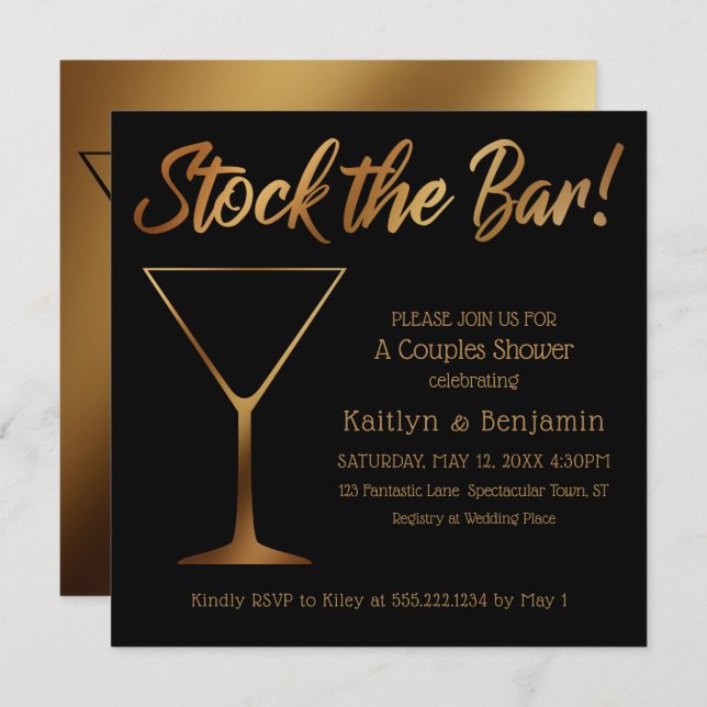 Gold Ombre & Black Couples Bar Dusche Einladung (Vorne/Hinten)