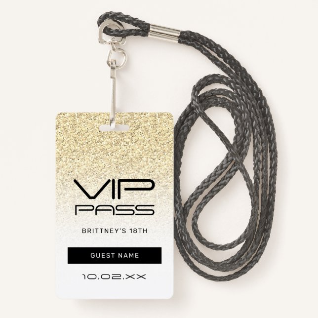 Gold Ombre Glitzer Glam VIP Pass 18. Einladung Ausweis (Vorderseite mit Schlüsselband)