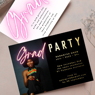 GOLD Ombre Pink Neon Elegante Abschlussfoto-Party Folieneinladung