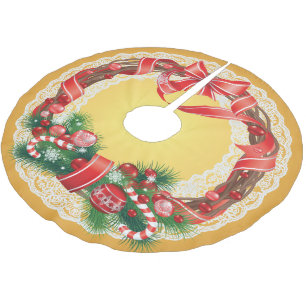 Gold Ombre und Spitzen mit Weihnachtskranz Polyester Weihnachtsbaumdecke