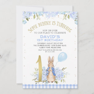 Gold One Blue Floral Peter Rabbit 1. Geburtstag Einladung