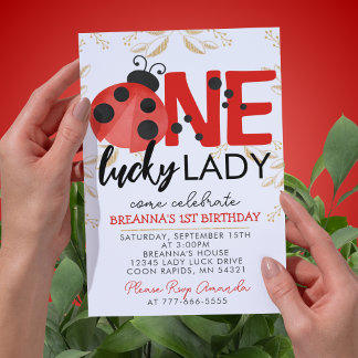 Gold One Lucky Lady Watercolor Ladybug Geburtstag Einladung