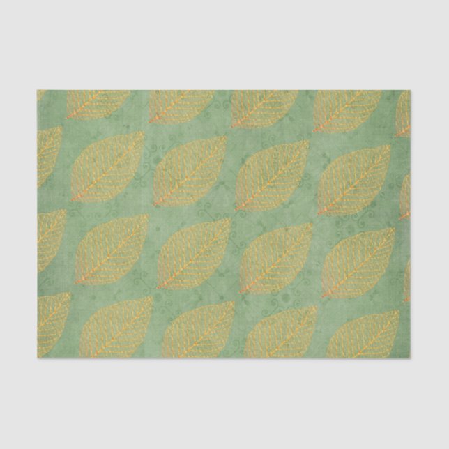 Gold Orange Fall Leaf Blätter auf Green Decoupage Seidenpapier (Vorderseite)