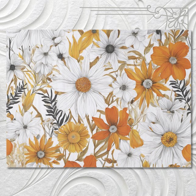 Gold Orange White Daisy Boho Wildblume Decoupage Seidenpapier (Von Creator hochgeladen)