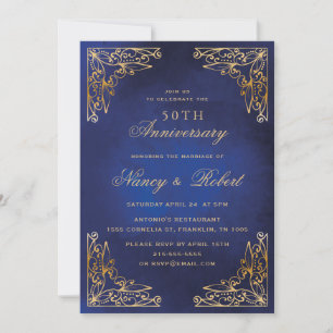 Gold Ornament Border Blue 50. Hochzeitstag Einladung