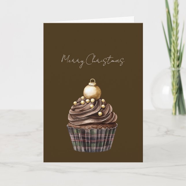 Gold Ornament Chocolate Plaid Cupcake Christmas Karte (Vorderseite)