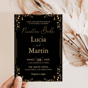 Gold Ornament Ecke Schwarz Spanisch Nuestra Boda Einladung