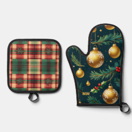 Gold Ornamente Weihnachten Ofenhandschuh & Topflappen-Set