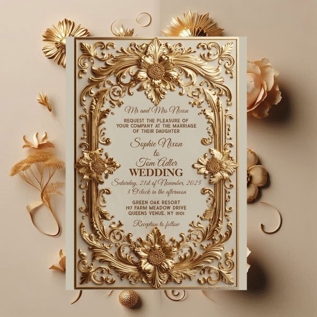 Gold Ornate Baroque Grandeur Floral Motif Wedding  Einladung (Gold Ornate Baroque Grandeur Floral Motif Wedding Invitation)