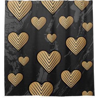 Gold Outline Hearts on Black Marble Texture Duschvorhang